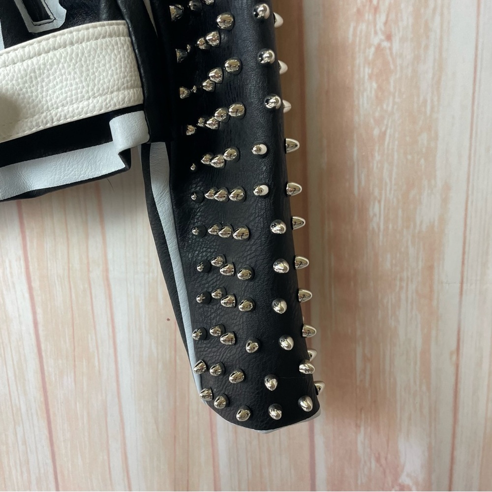 Azalea Wang Studded Black and White Graffiti Faux Leather Moto Jacket (1x) - Picture 5 of 16
